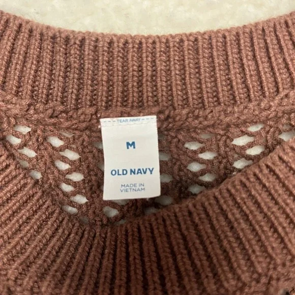 Old Navy Sweater Womens M Brown Open Knit Crochet Long Sleeve Cropped Pullover - Picture 5 of 8